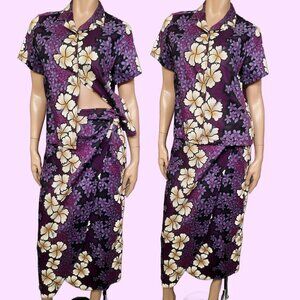 Vintage Hilo Hattie Maxi Wrap skirt Blouse Set Womens M Purple Hibiscus Print